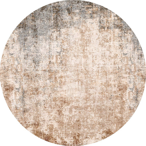Load image 1 in gallery view. Round rug with a distressed, abstract pattern in shades of beige, cream, and charcoal gray.