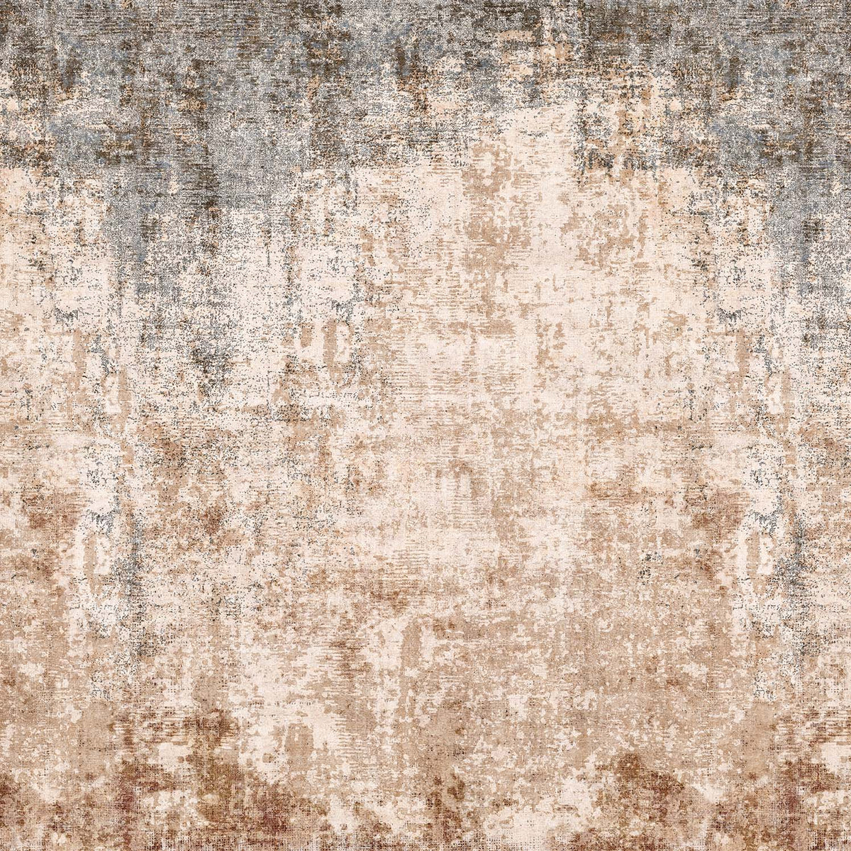 Beige, brown, and slate blue abstract rug with a distressed, weathered texture.