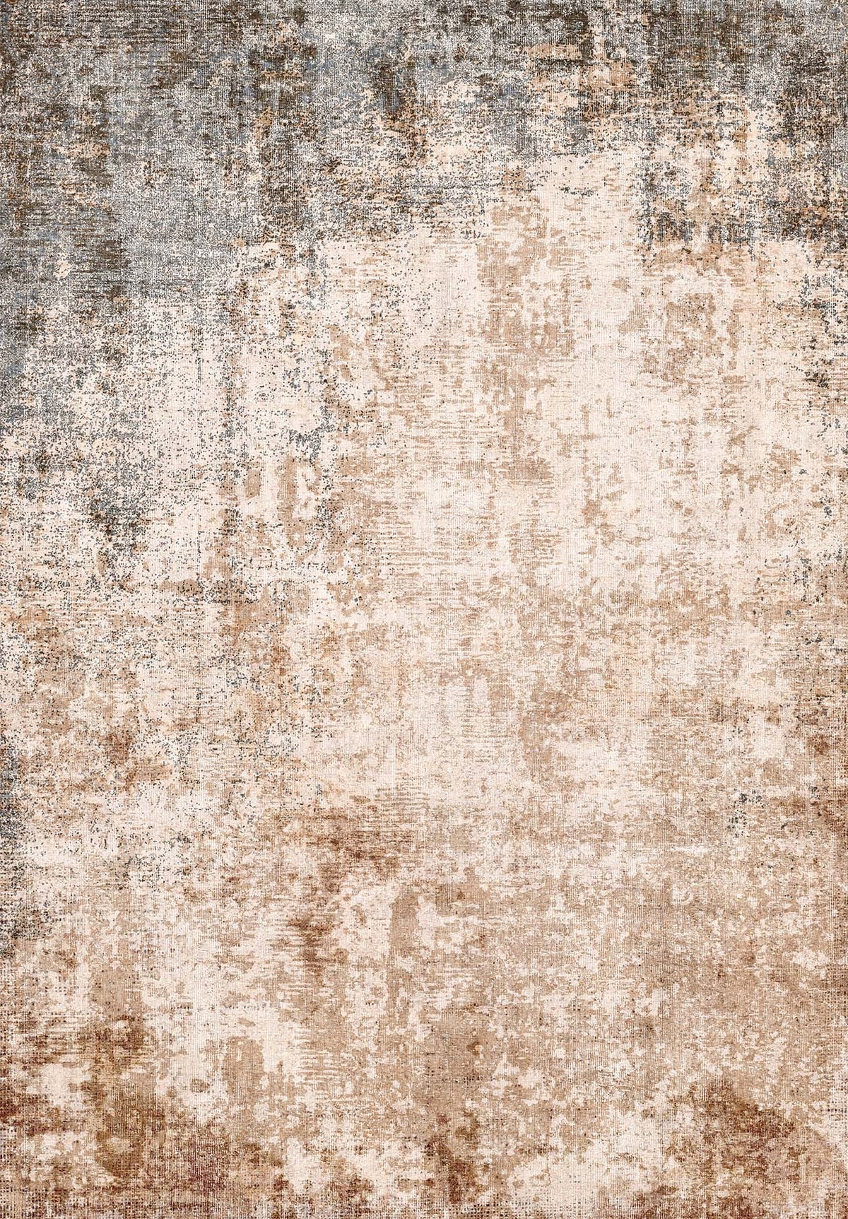 Beige, brown, and grey abstract rug with a distressed, weathered texture.