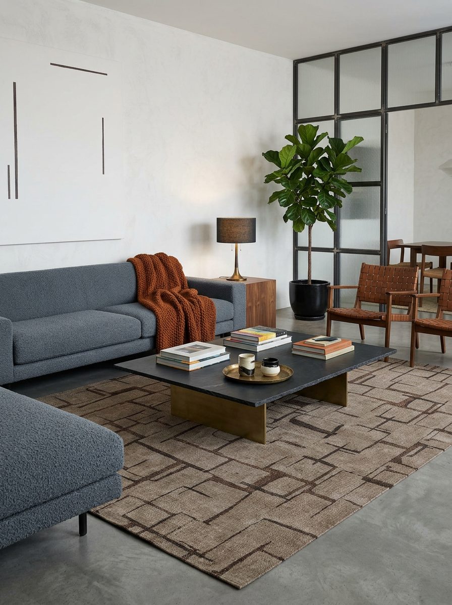 Taupe and brown rug with a geometric grid pattern, styled in a modern living room.