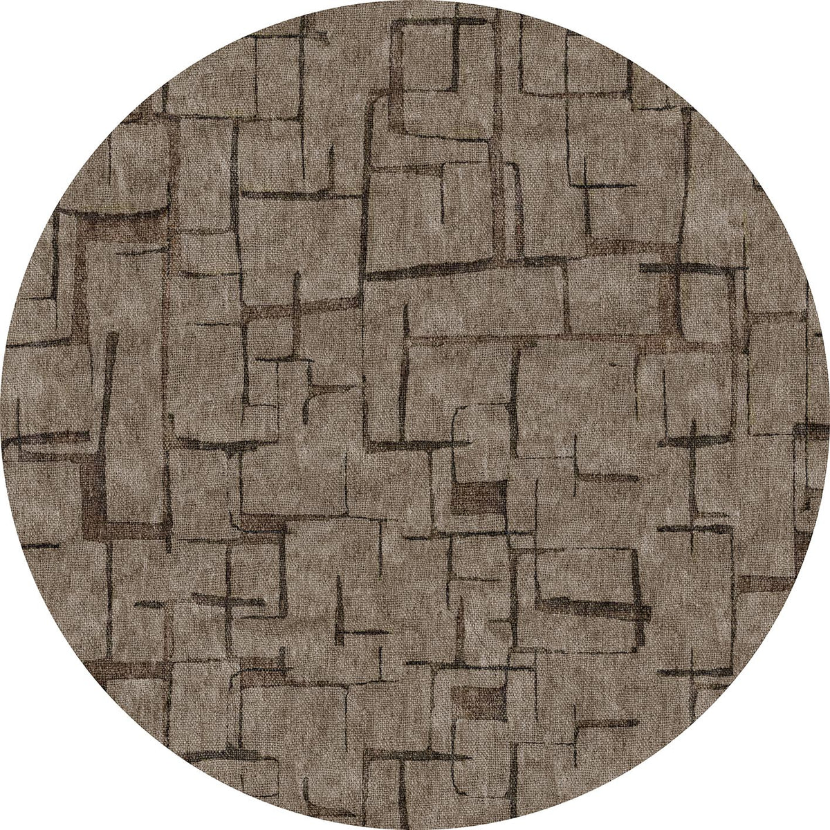 Circular taupe rug with a dark brown abstract geometric grid pattern.