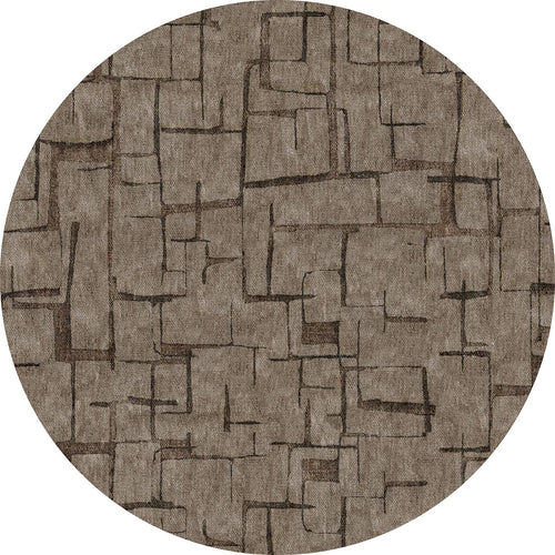 Load image 1 in gallery view. Circular taupe rug with a dark brown abstract geometric grid pattern.