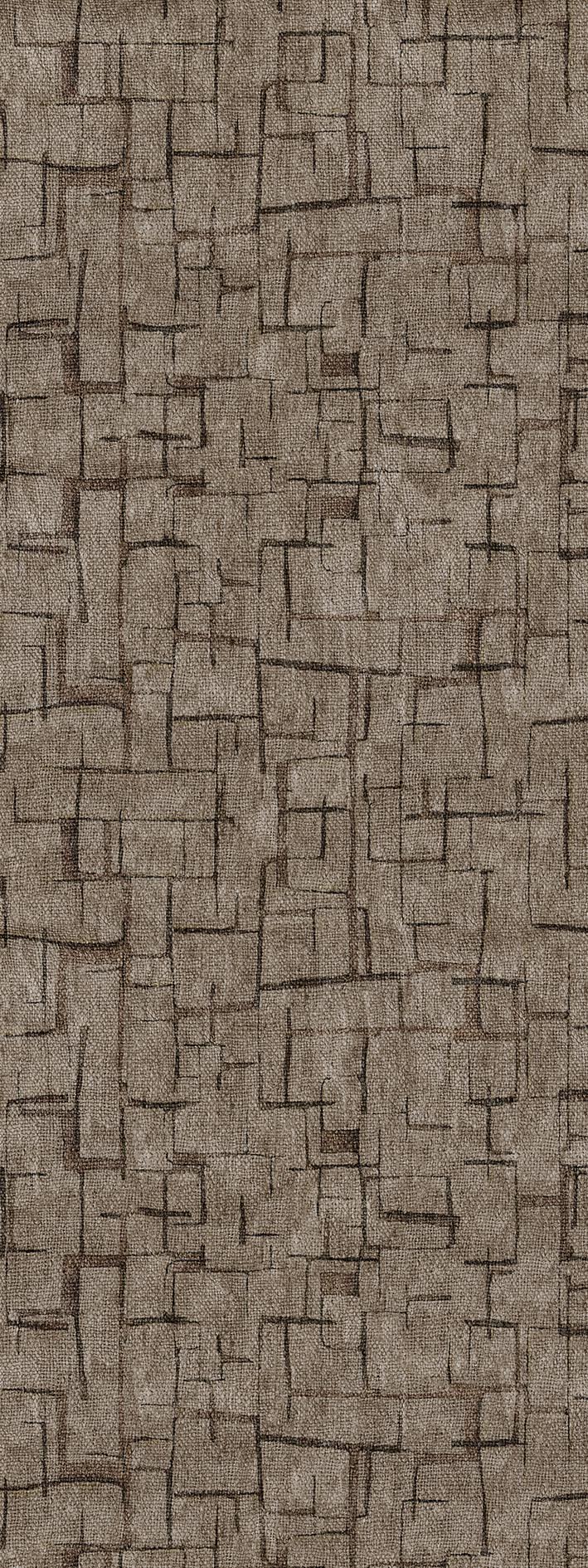 Taupe rug with a dark brown abstract grid pattern of irregular rectangular blocks.