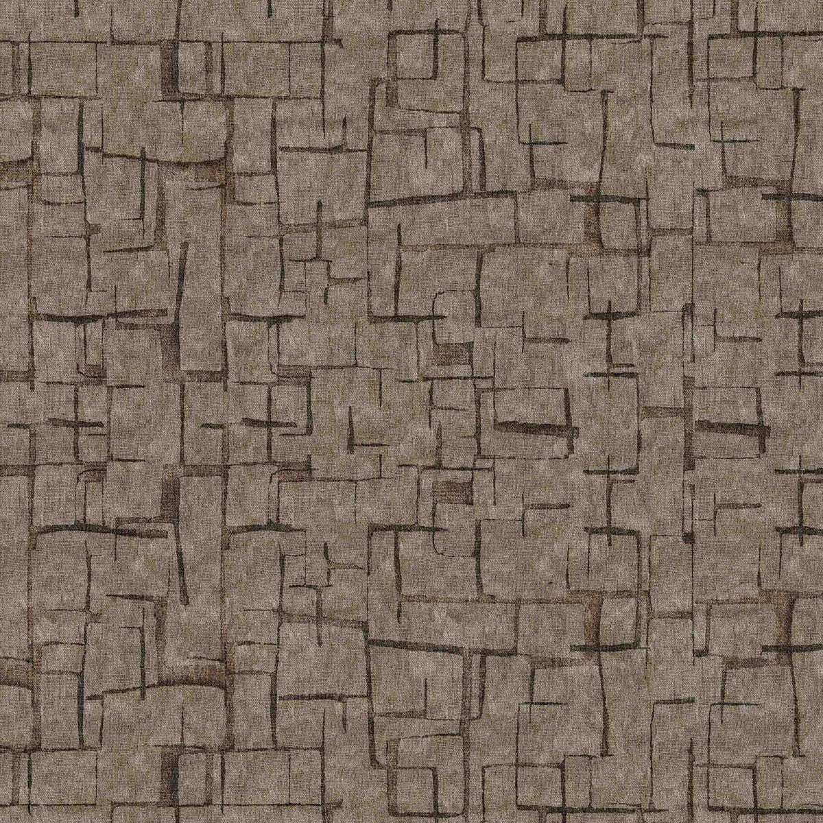 Taupe rug with a dark brown abstract grid pattern of overlapping rectangular lines.