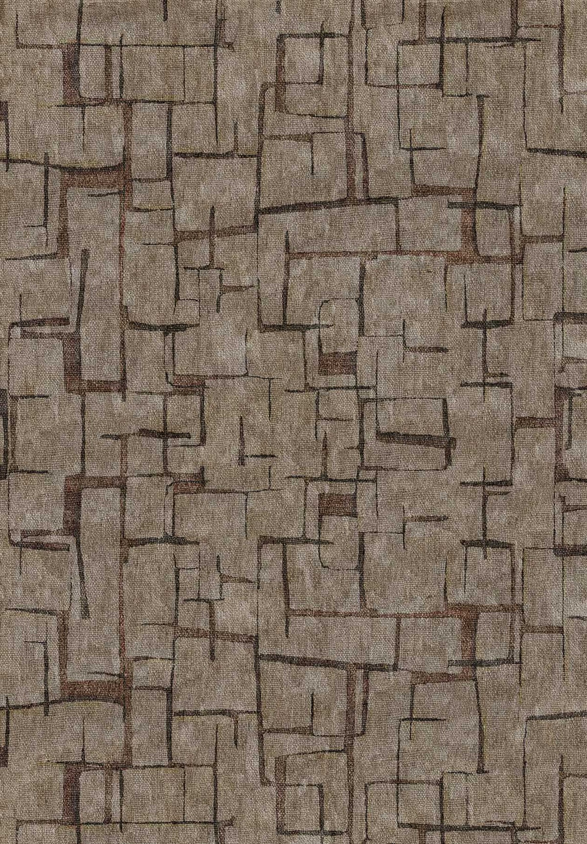 Taupe and dark brown rug with an abstract geometric grid pattern of intersecting lines and rectangular shapes.