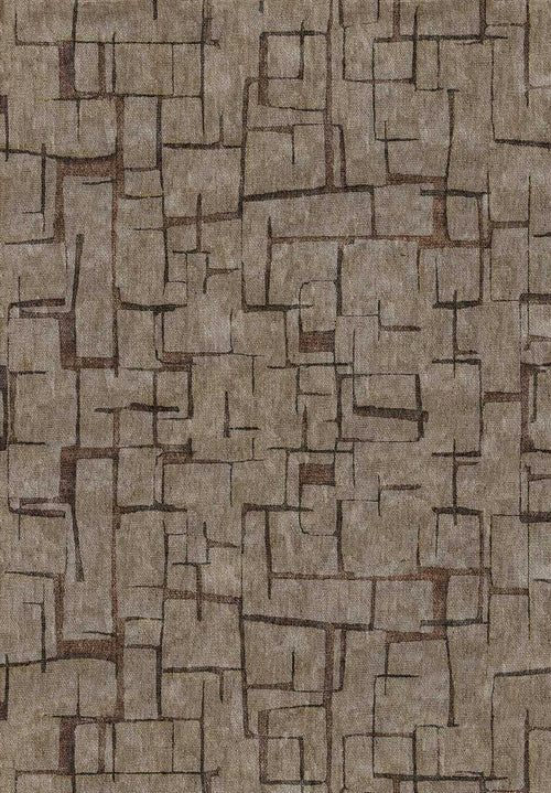 Load image 1 in gallery view. Taupe and dark brown rug with an abstract geometric grid pattern of intersecting lines and rectangular shapes.