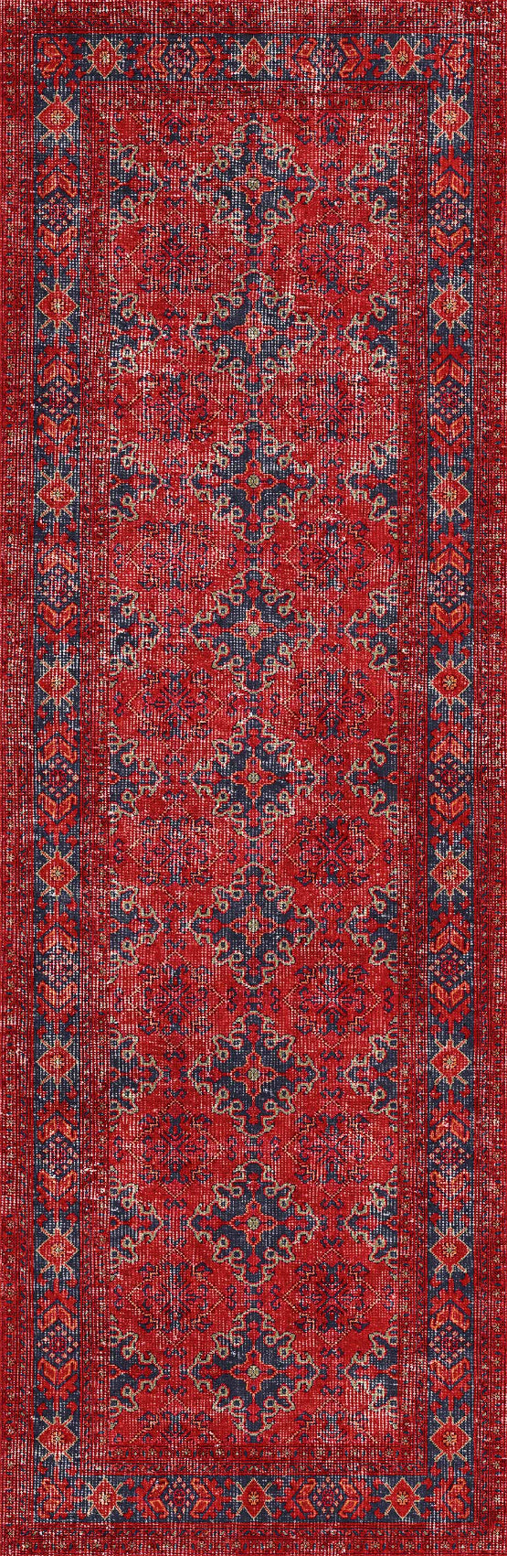 The Scarlet Charm - Washable Rug (JRN1032) is a rectangular red Persian-style rug featuring intricate blue and cream floral and geometric patterns with a dark blue border—perfect for allergy-sensitive, high-traffic areas.
