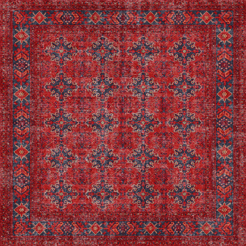 Bild 1 in Galerieansicht laden. The Scarlet Charm - Washable Rug (JRN1032) features bold red tones with navy blue and gold geometric motifs, a decorative diamond and floral border, and is ideal for high-traffic or allergy-sensitive spaces.