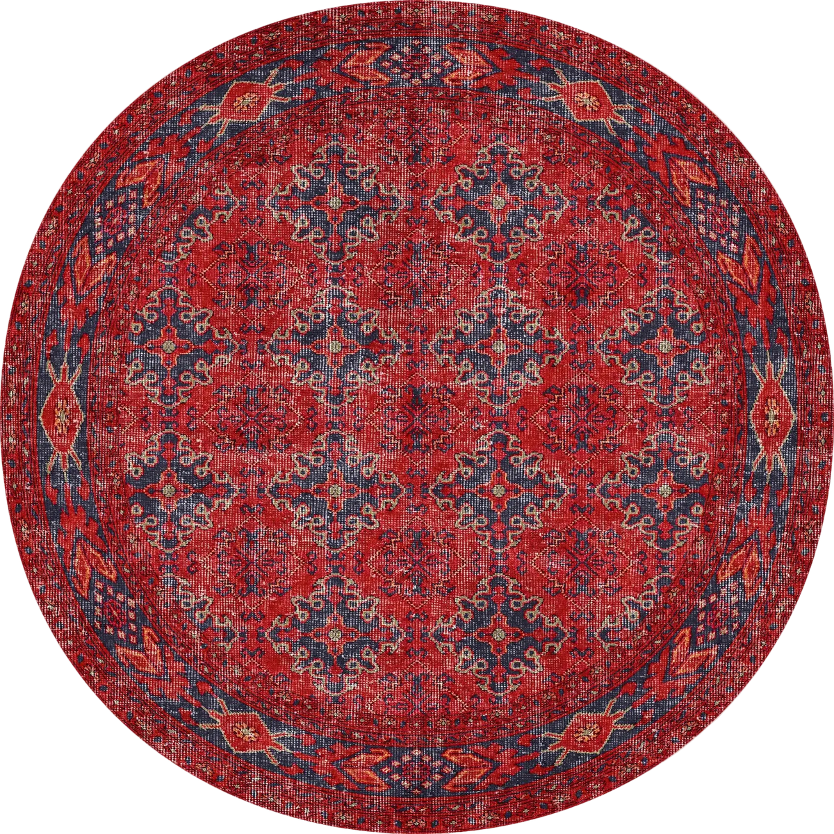 The Scarlet Charm - Washable Rug (JRN1032) is a round red and navy rug with an intricate geometric and floral pattern, gold accents, and a detailed border—vibrant, allergy-friendly, and perfect for high-traffic areas.