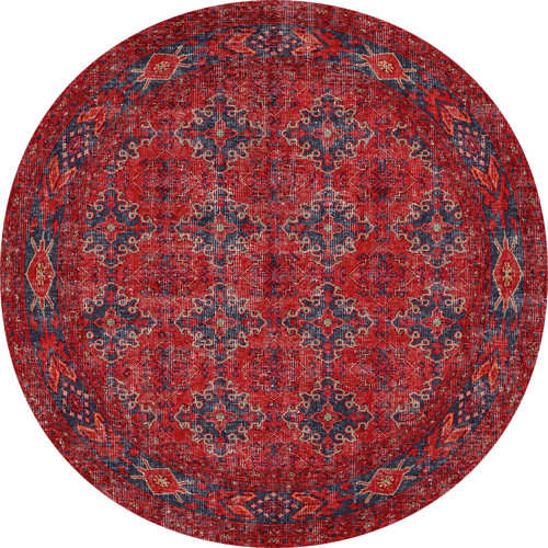 Bild 1 in Galerieansicht laden. The Scarlet Charm - Washable Rug (JRN1032) is a round red and navy rug with an intricate geometric and floral pattern, gold accents, and a detailed border—vibrant, allergy-friendly, and perfect for high-traffic areas.
