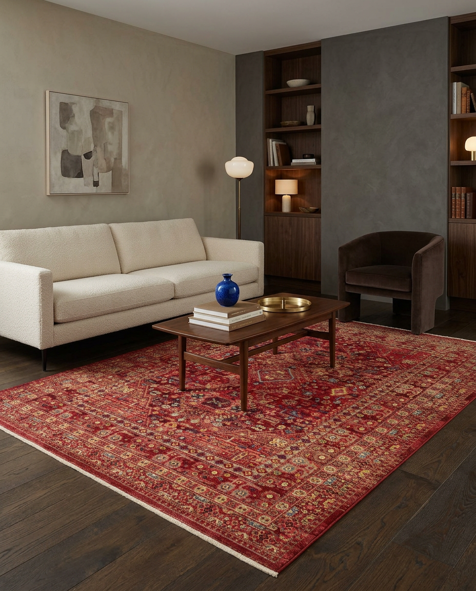 Red traditional Persian-style rug with intricate floral and geometric patterns, styled in a modern living room.