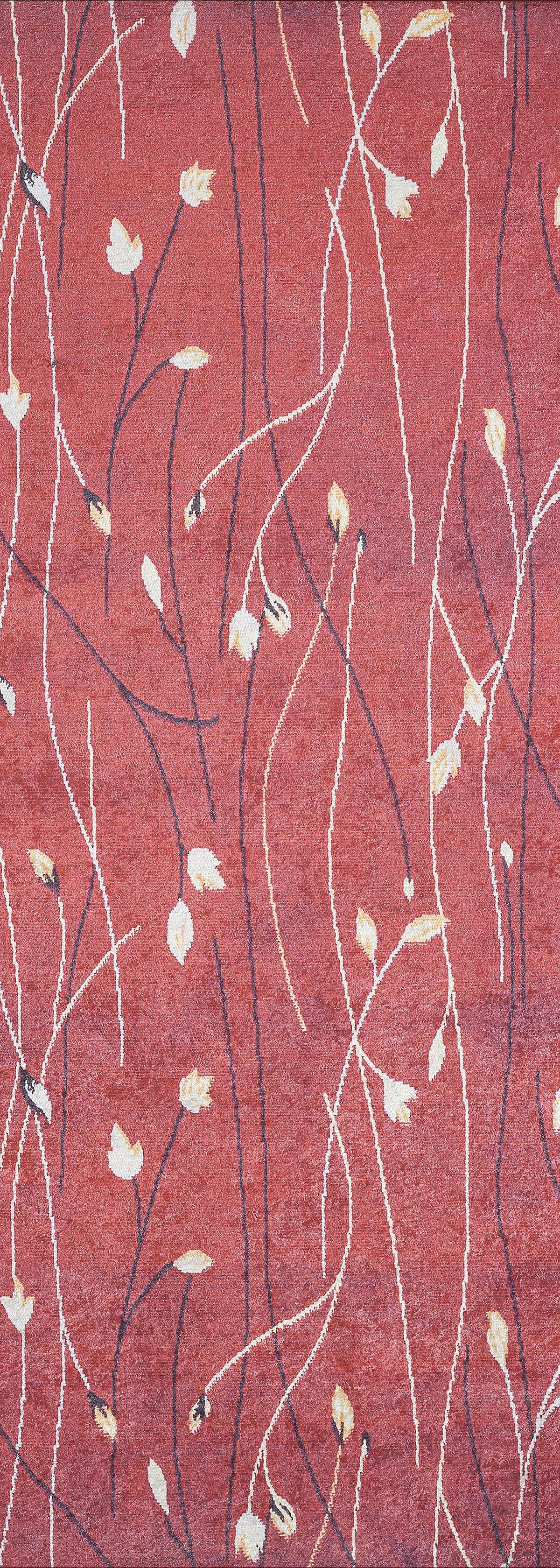 The Secret Garden - Washable Rug - JR1656 features a red base with thin wavy cream and black lines plus scattered white and beige leaf shapes—ideal for high-traffic areas.