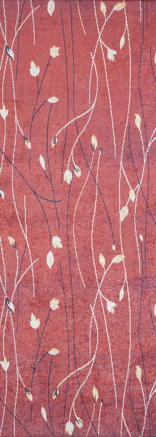 Bild 1 in Galerieansicht laden. The Secret Garden - Washable Rug - JR1656 features a red base with thin wavy cream and black lines plus scattered white and beige leaf shapes—ideal for high-traffic areas.
