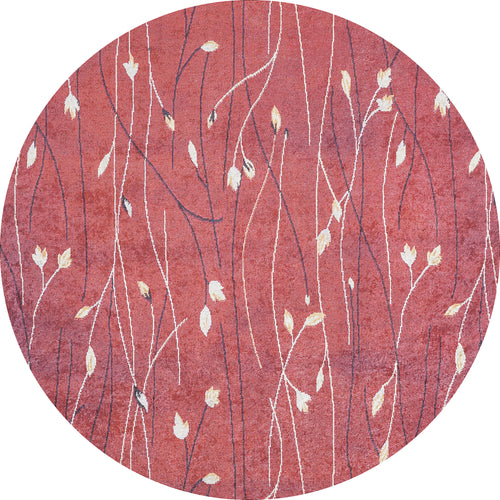 Load image 1 in gallery view. The Secret Garden - Washable Rug - JR1656 (Custom Size) features a round, red design with thin curved white and dark lines and small white leaves—ideal as a washable rug for high-traffic areas.