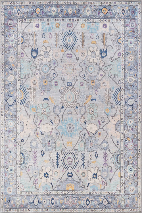 Load image 1 in gallery view. The Seraphix Pastel Bordered Washable Rug - LCC3011 features geometric and floral patterns in pastel blues, lavender, cream, and yellow. Durable and ideal for high-traffic areas, its symmetrical motifs and detailed border add elegance.