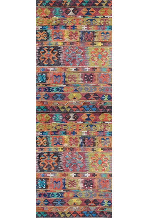 Load image 1 in gallery view. The Serene Sahara - Washable Rug - JR1959 features bold multicolor geometric and tribal patterns. With rows of diamonds, triangles, and stylized motifs, it adds vibrant style to high-traffic spaces and is easy to clean.
