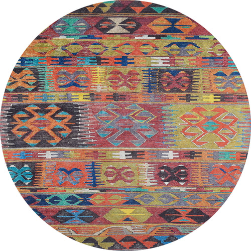 Load image 1 in gallery view. The Serene Sahara - Washable Rug - JR1959 is an oval-shaped, multicolor rug with vibrant geometric and tribal patterns in red, yellow, blue, green, and orange. It's durable and washable—ideal for high-traffic areas.