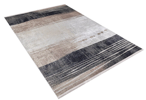 Load image 1 in gallery view. Serene Swirls - Washable Rug - JR952 (Custom Size) features a modern abstract design with bronze, brown, beige, cream, and dark gray horizontal stripes—durable and textured, ideal for high-traffic areas.