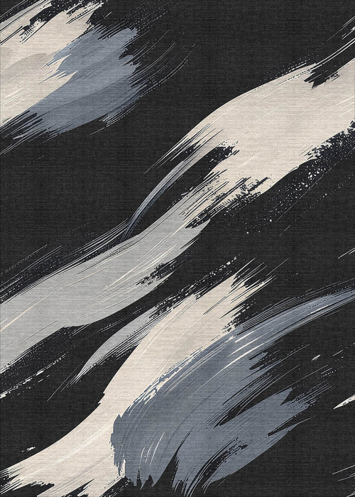 Load image 1 in gallery view. Shadow Flow - Washable Rug - JRS011 (Custom Size): Inspired by bold, dynamic brushstrokes in white, gray, and black across a dark background—a modern rug made to withstand high-traffic areas.