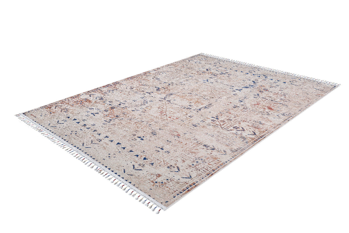 The Shangri-La - Washable Rug - JR5042 (Custom Size) features a large rectangular shape, light beige background, blue and rust geometric patterns, white fringe on short edges, and is perfect for high-traffic areas. Shown on a white background.