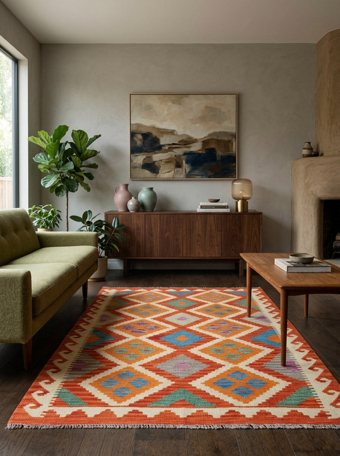 A mid-century modern living room with a green sofa, wood coffee table, sideboard with vases, abstract wall art, and the Silk Road - Handwoven Kilim (Outlet) US rug on dark wood floors. A potted plant sits by the window.