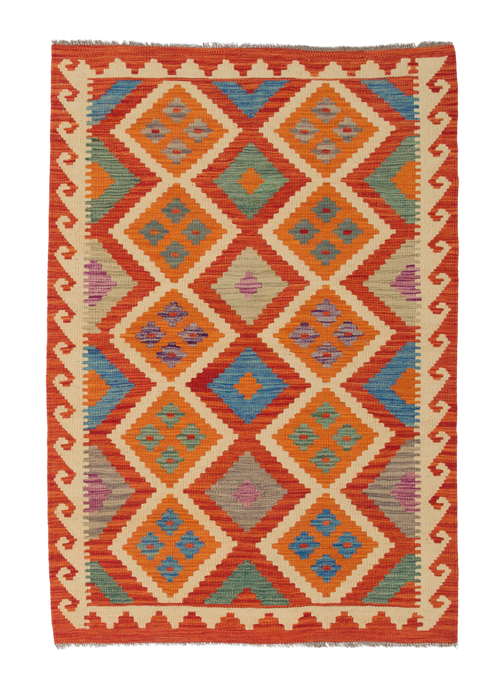 Load image 1 in gallery view. The Silk Road - Handwoven Kilim (Outlet) US is a square flatweave rug with a geometric diamond pattern in orange, red, blue, and green hues, bordered by cream and red zigzag designs.