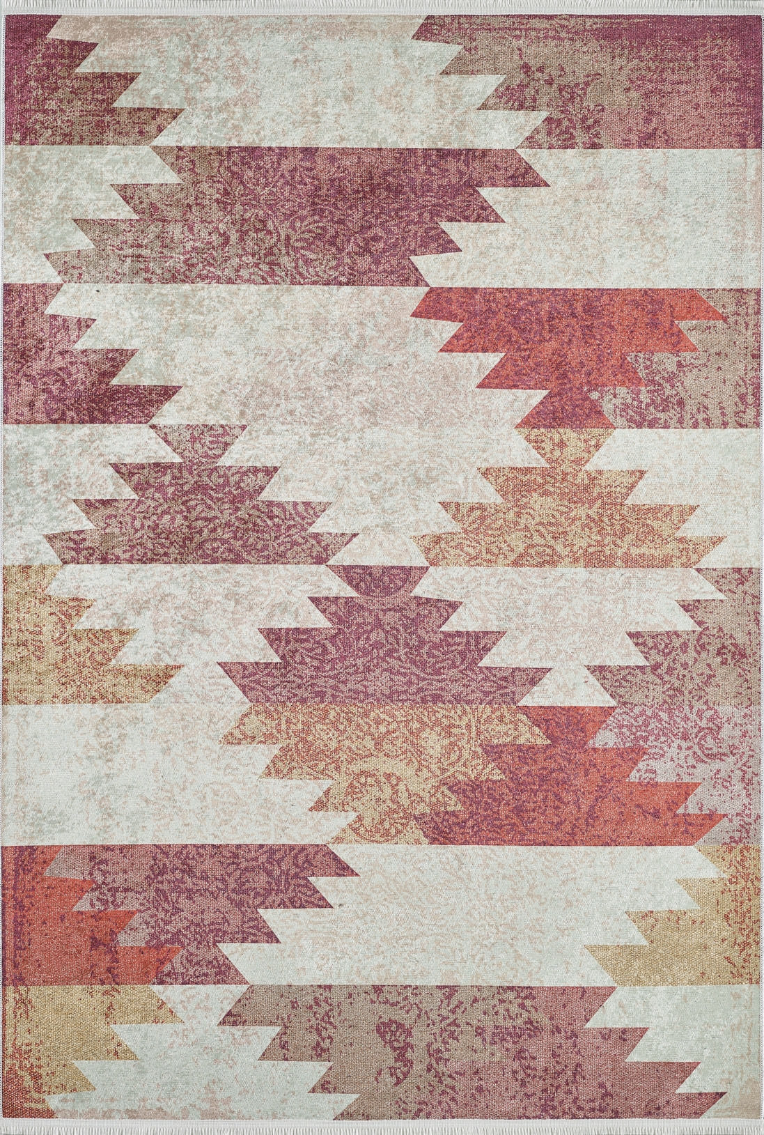 The Simplistic Artistry - Washable Rug - JR1647 (Custom Size) is a rectangular red rug with burgundy, rust, beige, and cream chevron patterns, subtle floral motifs, and a distressed vintage look—ideal for high-traffic areas.