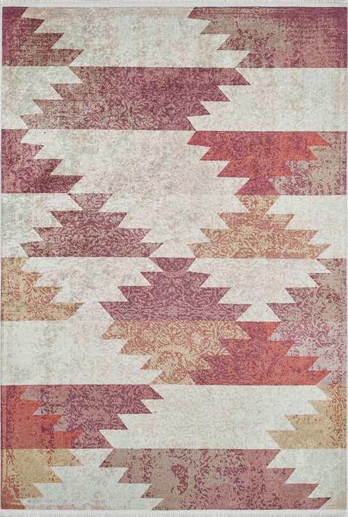 Bild 1 in Galerieansicht laden. The Simplistic Artistry - Washable Rug - JR1647 (Custom Size) is a rectangular red rug with burgundy, rust, beige, and cream chevron patterns, subtle floral motifs, and a distressed vintage look—ideal for high-traffic areas.