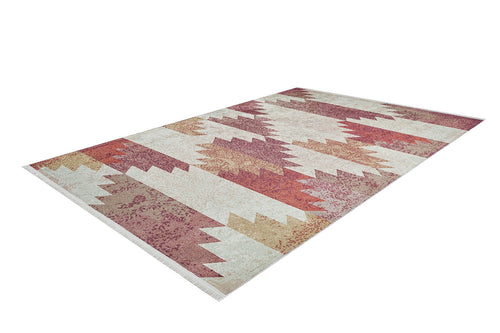 Bild 1 in Galerieansicht laden. The Simplistic Artistry - Washable Rug - JR1647 (Custom Size) features a geometric zigzag pattern in red, orange, and beige, ideal for high-traffic areas and shown on a white background.
