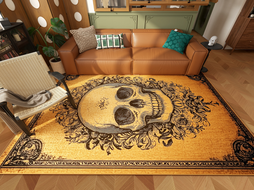 Load image 1 in gallery view. A cozy living room with a tan leather sofa, armchair, and the Skull Frame - Washable Rug - HLW006 in yellow-gold, featuring an ornate skull and floral pattern. Decorative pillows and houseplants add warmth to the space.