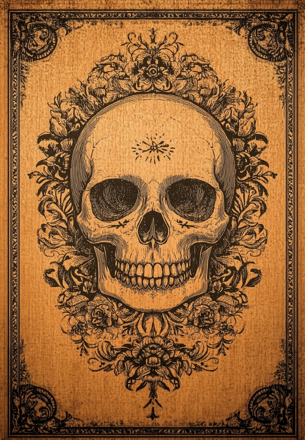 Skull Frame - Washable Rug - HLW006 (Custom Size): Features a detailed black ink skull with ornate floral designs on a brown parchment-style background, bordered in vintage yellow-gold, combining classic style with modern washable convenience.