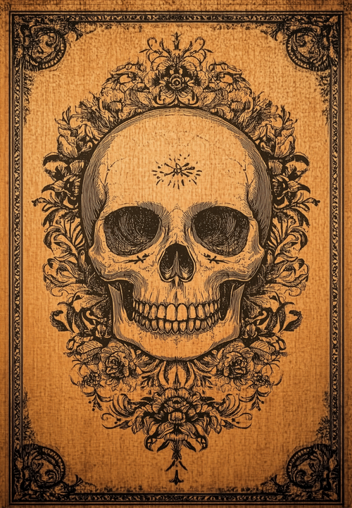 Bild 1 in Galerieansicht laden. Skull Frame - Washable Rug - HLW006 (Custom Size): Features a detailed black ink skull with ornate floral designs on a brown parchment-style background, bordered in vintage yellow-gold, combining classic style with modern washable convenience.