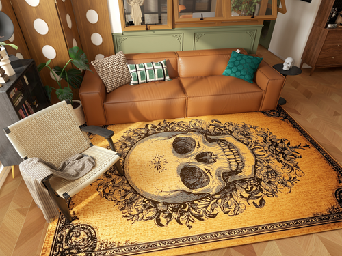 Bild 1 in Galerieansicht laden. A cozy living room with a tan leather sofa and armchair, styled with pillows and the Skull Frame - Washable Rug - HLW006 (Custom Size) in yellow-gold, featuring an ornate black skull design—ideal for adding flair to busy spaces.