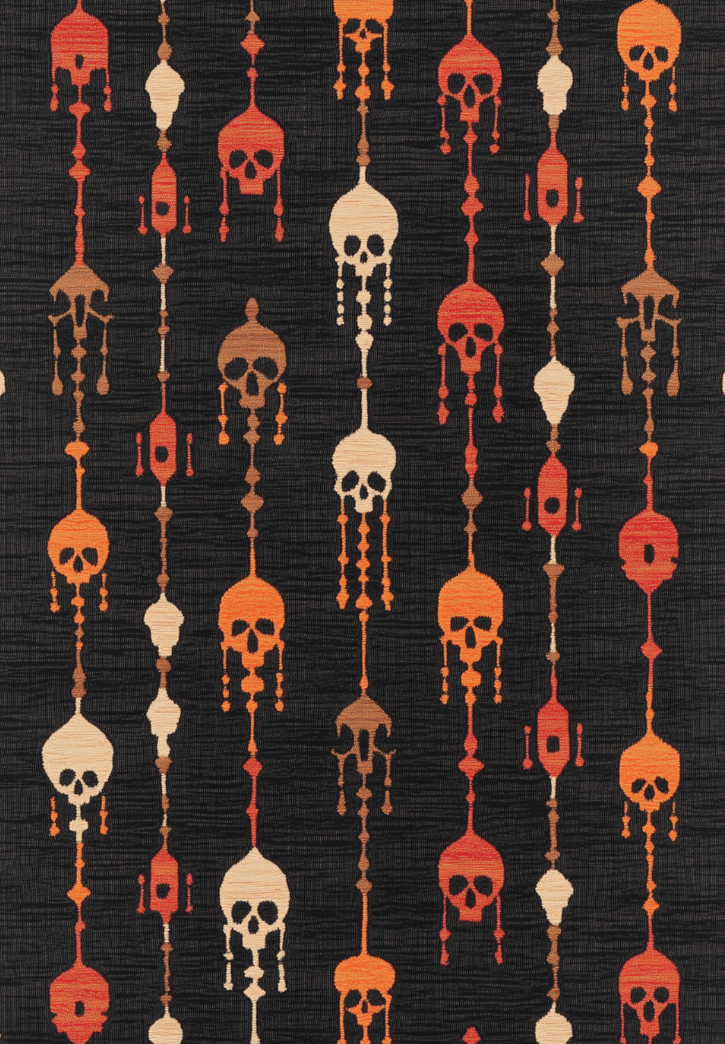 The Skull Lanterns - Washable Rug - HLW005 (Custom Size) features a bold, symmetrical pattern of stylized skulls with chandelier shapes in orange, red, and beige on dark backing—perfect for high-traffic or allergy-sensitive spaces.