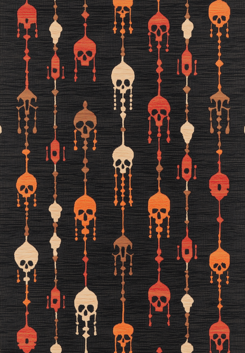 Bild 1 in Galerieansicht laden. The Skull Lanterns - Washable Rug - HLW005 (Custom Size) features a bold, symmetrical pattern of stylized skulls with chandelier shapes in orange, red, and beige on dark backing—perfect for high-traffic or allergy-sensitive spaces.