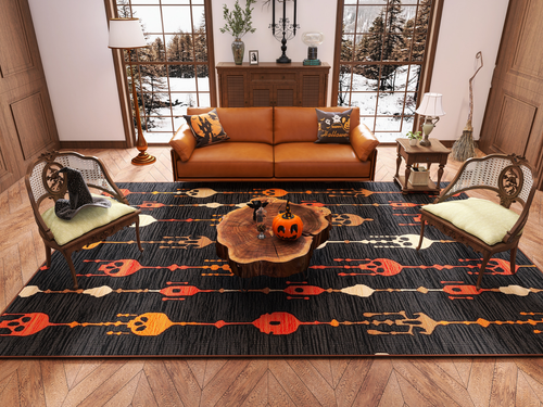 Bild 1 in Galerieansicht laden. A cozy living room features a tan leather sofa, two wooden chairs, a wood coffee table with a carved pumpkin, and the Skull Lanterns - Washable Rug - HLW005 (Custom Size)—ideal for allergy-sensitive spaces. Snowy trees are visible outside large windows.