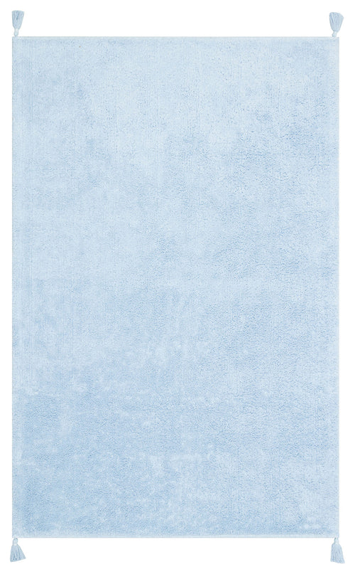 Load image 1 in gallery view. The Sky Nap - Washable Shaggy - CBNPLAIN is a soft blue cotton shaggy rug with a gentle texture and small corner tassels, shown against a white background.