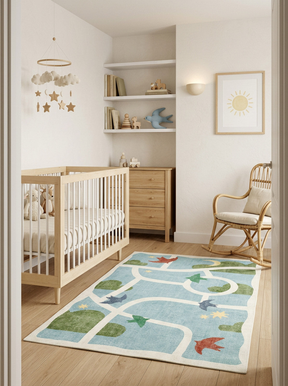 Blue rug with a white road pattern, green hills, and bird motifs, styled in a nursery with a wooden crib and rocker.
