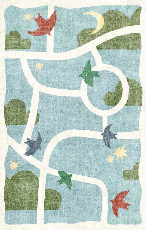 Load image 1 in gallery view. Light blue rug with a white path pattern, featuring green clouds, yellow stars, a crescent moon, and colorful birds.