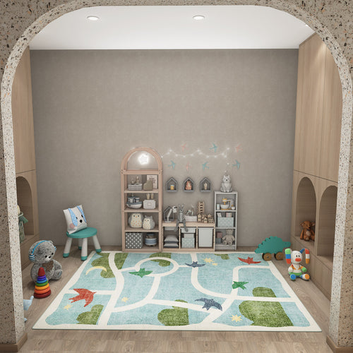 Load image 1 in gallery view. Light blue rug with a white road map pattern and green landscape accents, styled in a children's playroom.