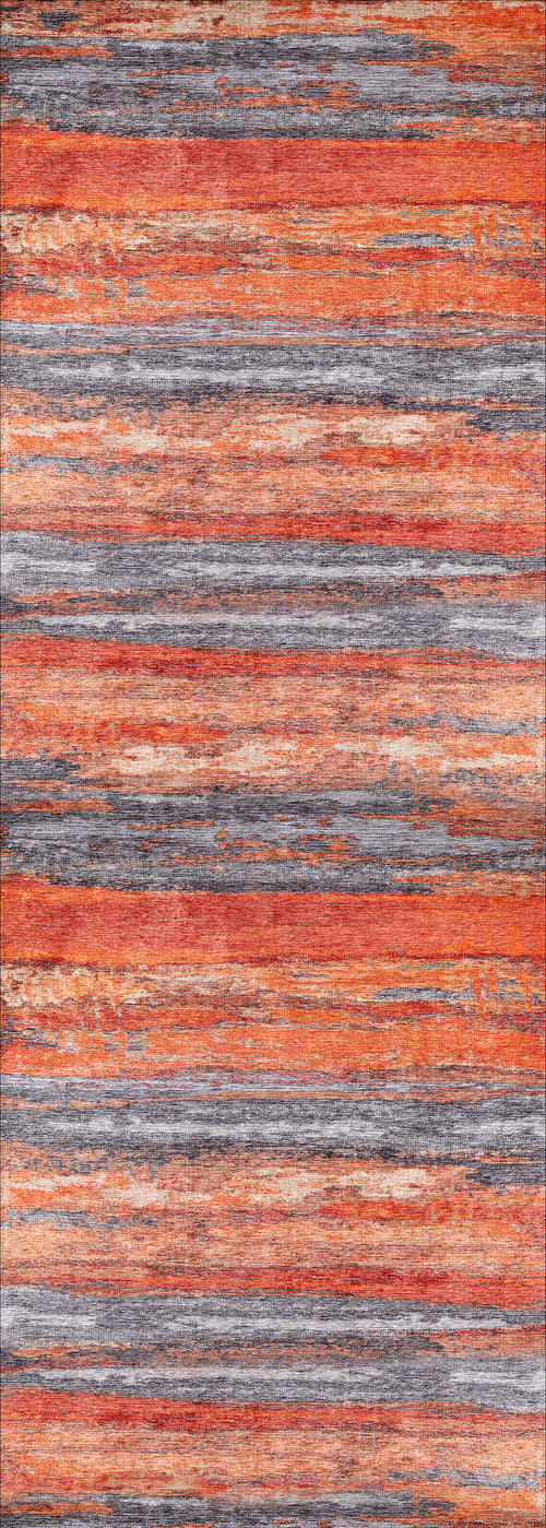 Load image 1 in gallery view. The Sleek Brushed - Washable Rug - JR431 features horizontal stripes in orange, red, blue, and gray with a textured abstract blend—ideal for high-traffic areas and easy to clean.