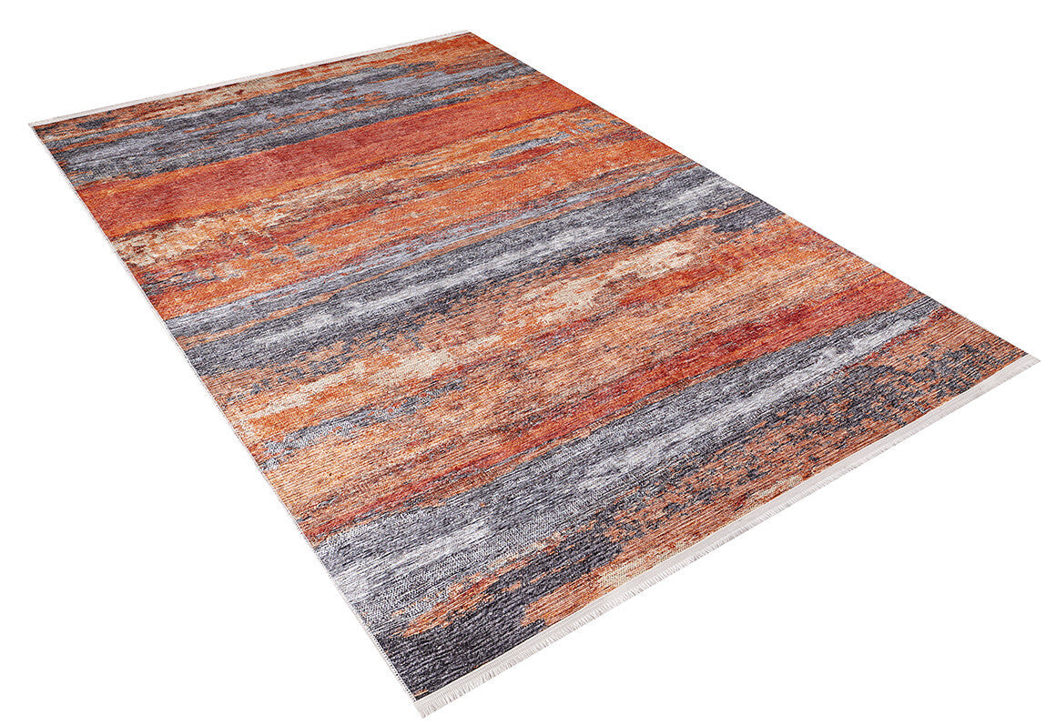 The Sleek Brushed - Washable Rug - JR431 (Custom Size) features orange, red, and gray horizontal stripes with a textured pattern and short fringe on the ends, perfect for high-traffic areas. Shown on a white background.