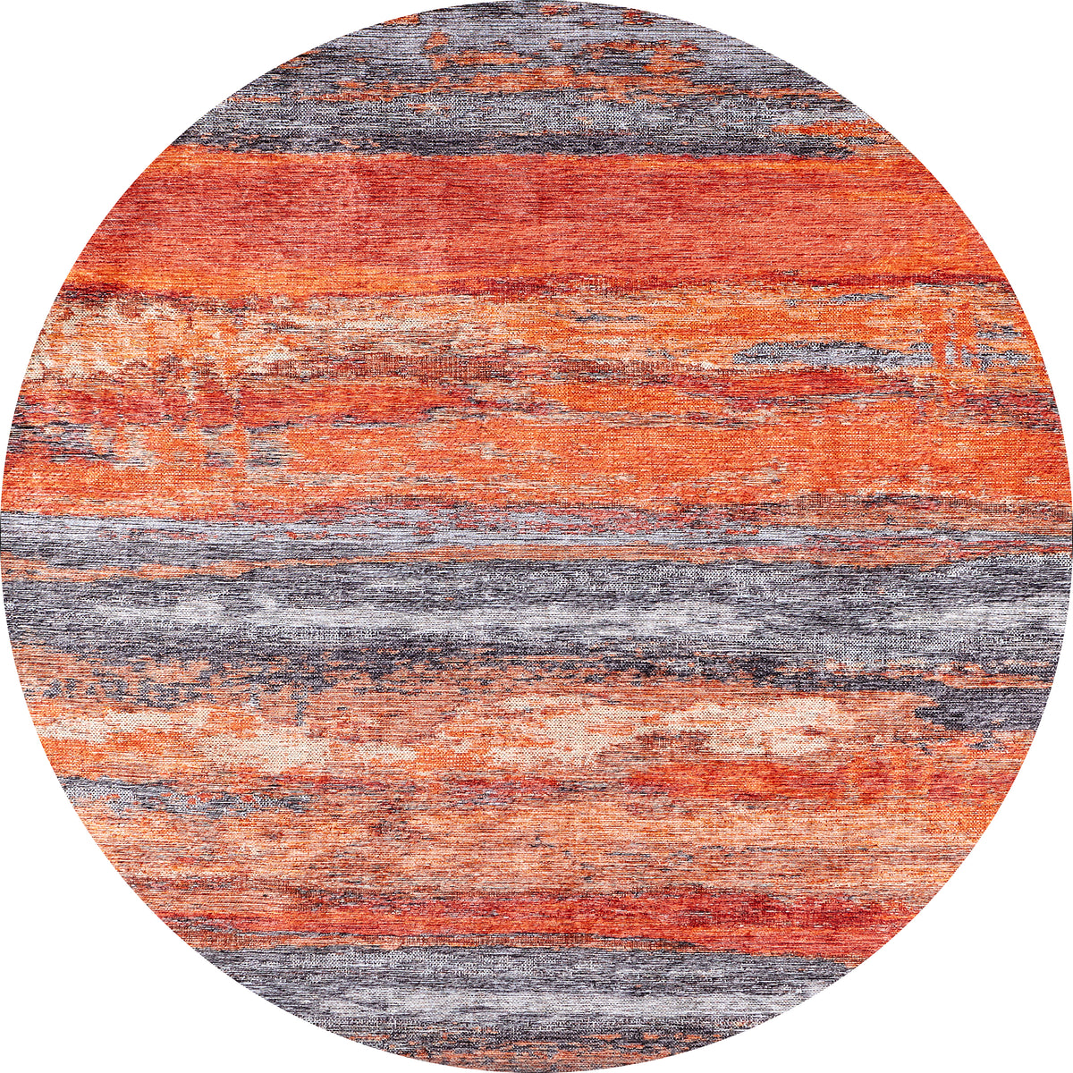 The Sleek Brushed - Washable Rug - JR431 (Custom Size) features an abstract orange, red, and gray brushstroke design, offering a textured modern look. This washable round rug is ideal for high-traffic areas.