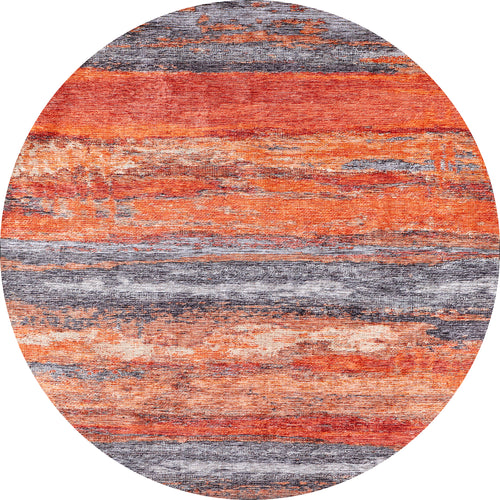 Load image 1 in gallery view. The Sleek Brushed - Washable Rug - JR431 (Custom Size) features an abstract orange, red, and gray brushstroke design, offering a textured modern look. This washable round rug is ideal for high-traffic areas.