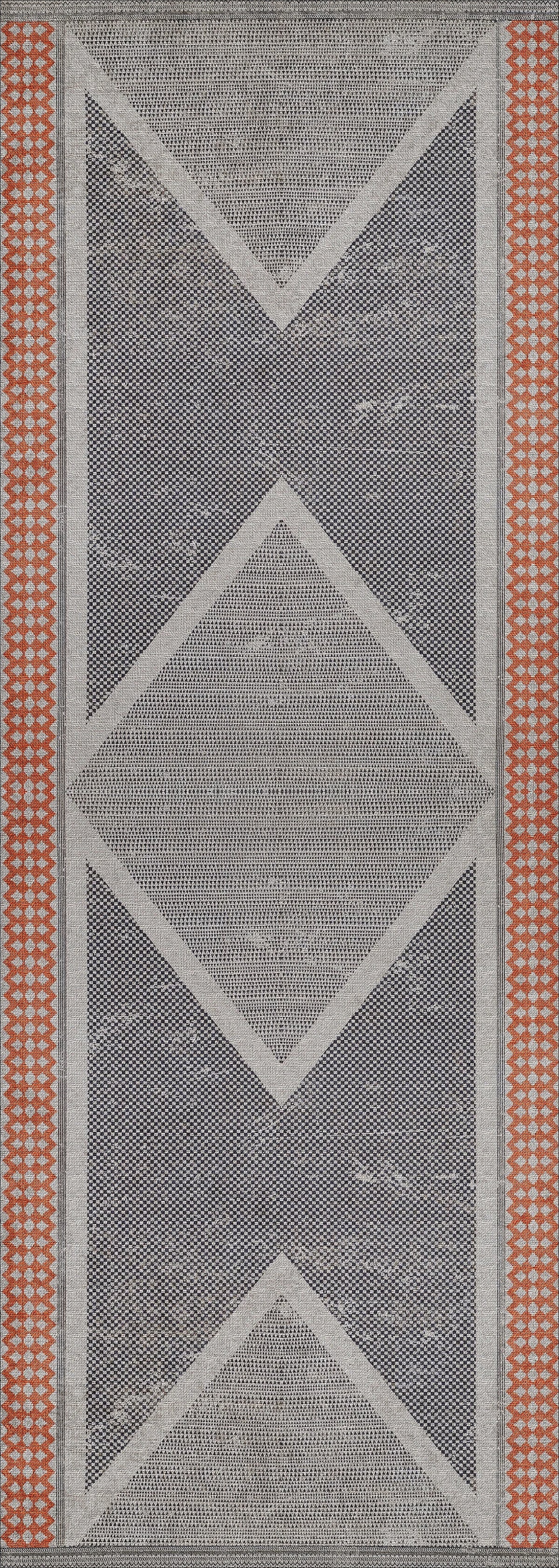 The Sleek Design - Washable Rug - JR1727 features a geometric pattern with a central diamond and hourglass shapes in gray and white, bordered by red and white vertical checkered strips—ideal for high-traffic areas.