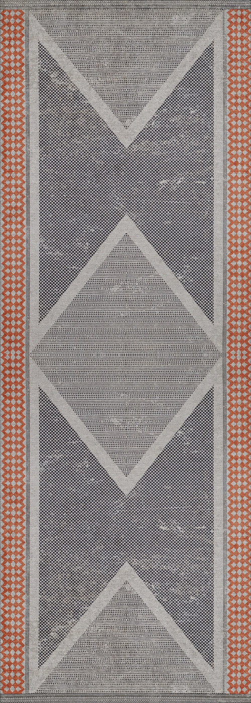 Load image 1 in gallery view. The Sleek Design - Washable Rug - JR1727 features a geometric pattern with a central diamond and hourglass shapes in gray and white, bordered by red and white vertical checkered strips—ideal for high-traffic areas.