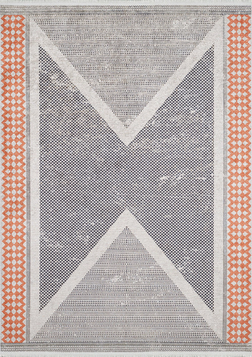 Load image 1 in gallery view. The Sleek Design - Washable Rug - JR1727 (Custom Size) features a gray and white X pattern with dotted detailing and orange geometric borders—ideal for allergy-sensitive homes.