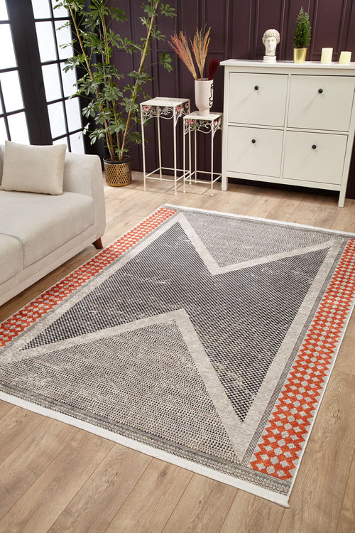 Load image 1 in gallery view. A modern living room with the Sleek Design - Washable Rug - JR1727 (Custom Size), featuring a large gray and black X pattern with a red border—ideal for allergy-sensitive homes. Includes light wood flooring, white storage, sofa, plants, and decor.