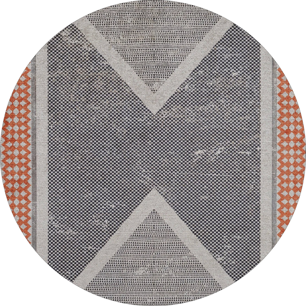 The Sleek Design - Washable Rug - JR1727 features a round, flat weave with a bold geometric X in gray and white, orange diamond accents on a textured black background. Ideal for allergy-sensitive homes and easy to wash for hassle-free care.