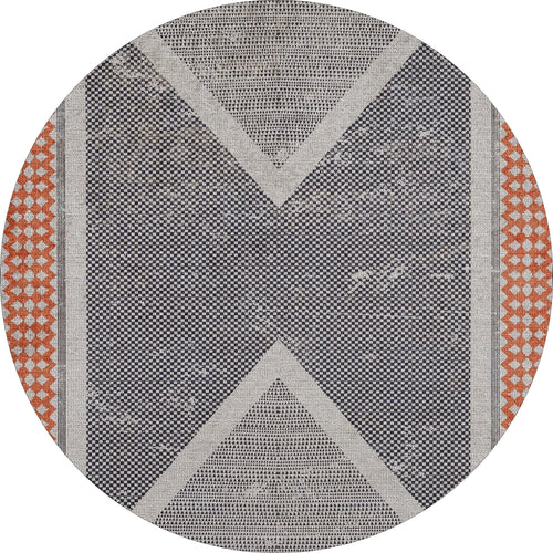 Load image 1 in gallery view. The Sleek Design - Washable Rug - JR1727 features a round, flat weave with a bold geometric X in gray and white, orange diamond accents on a textured black background. Ideal for allergy-sensitive homes and easy to wash for hassle-free care.